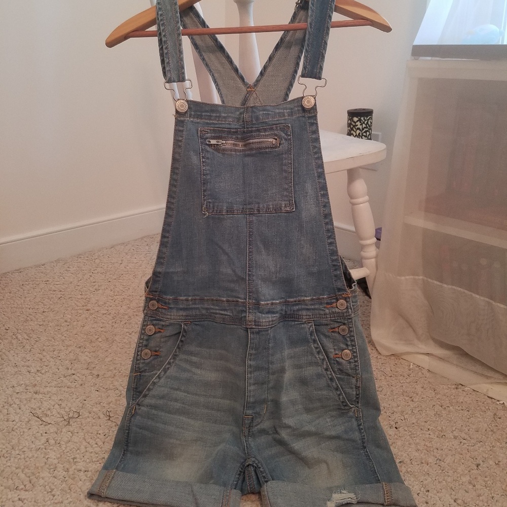 American Eagle Distressed Denim Overall Shorts